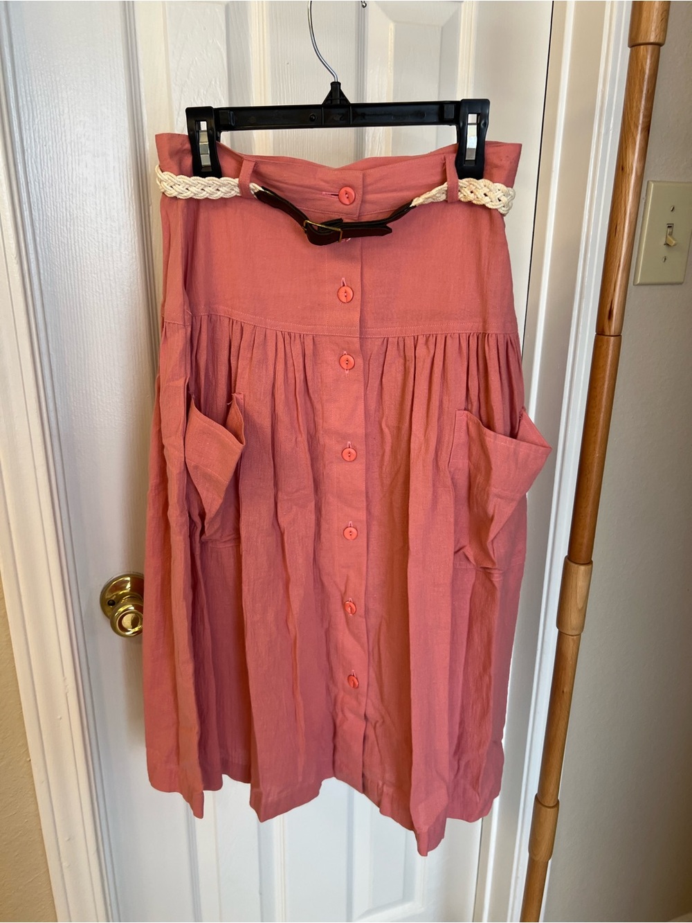 Pink Button-Front Midi Skirt with Braided Belt
